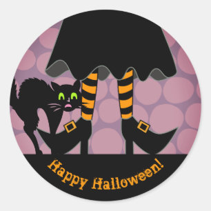 Sticker Rond Joyeux Halloween Jambes de sorcière Chat noir viol