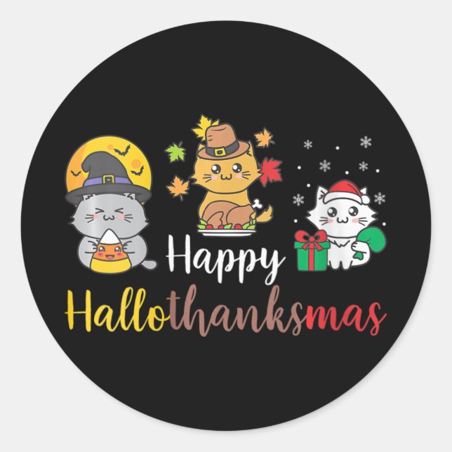 Sticker Rond Joyeux Halloween Noël Thanksgiving Chat (Devant)