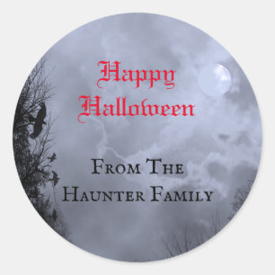 Sticker Rond Joyeux Halloween personnalisé Lune rouge pleine et