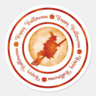 Sticker Rond Joyeux Halloween Sorcière Lune Orange Brille Fête