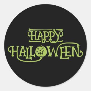 Sticker Rond Joyeux Halloween. Vert noir mignon drôle citrouill