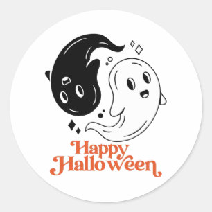 Sticker Rond Joyeux Halloween Yin et Yang Black and White Ghost