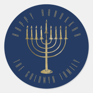 Sticker Rond Joyeux Hanoukka 'Blue Gold Menorah Holiday