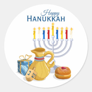 Sticker Rond Joyeux Hanoukka Menorah Oil Pitcher Sufganiyot