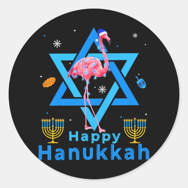 Sticker Rond Joyeux Hanoukka mignon Flamant rose Menorah juif F (Devant)