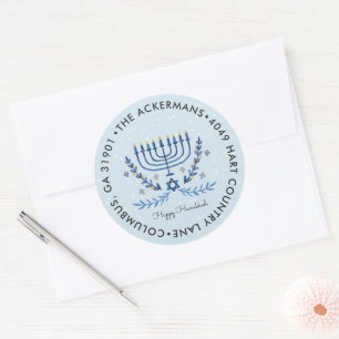 Sticker Rond Joyeux Hanukkah   Lumières de la Menorah Adresse d