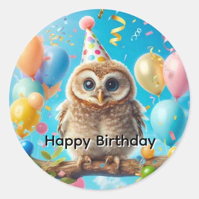 Sticker Rond Joyeux hibou d'anniversaire (Devant)