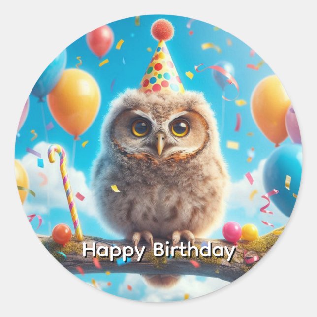 Sticker Rond Joyeux hibou d'anniversaire (Devant)