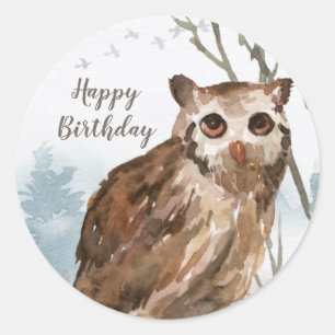 Sticker Rond Joyeux hibou de l'aquarelle d'anniversaire