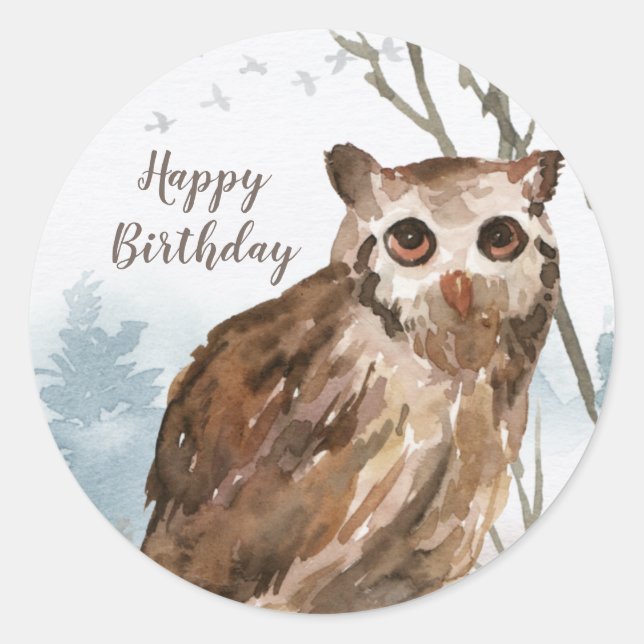 Sticker Rond Joyeux hibou de l'aquarelle d'anniversaire (Devant)