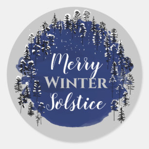 Sticker Rond Joyeux hiver Solstice Bleu et gris Yule Vacances