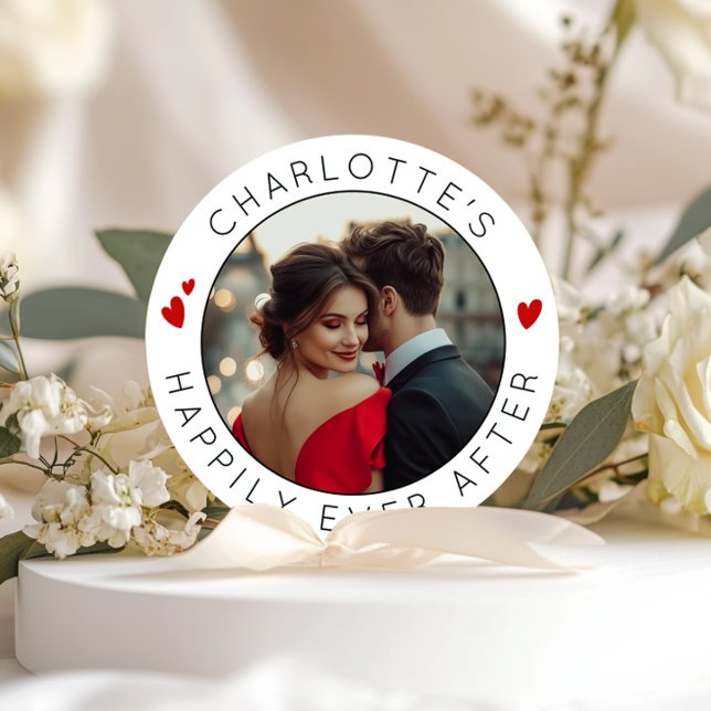 Sticker Rond Joyeux jamais après Hearts Photo Bridal douche (Créateur téléchargé)