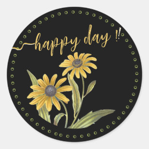 Sticker Rond Joyeux Jour avec marguerites jaunes Motivationnel