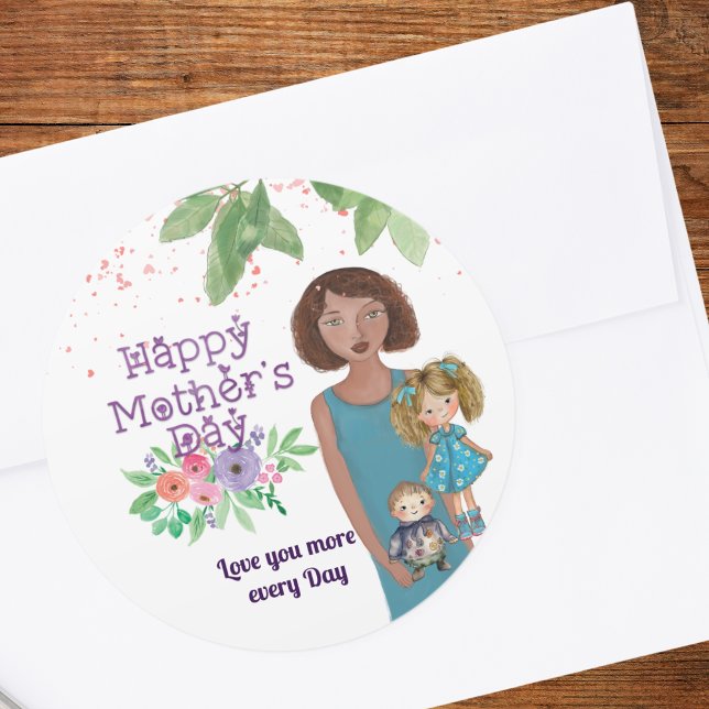 Sticker Rond JOYEUX JOUR DE MÈRE | Mère & enfants ( HAPPY MOTHER'S DAY _ Mother & kids Classic Round Sticker)