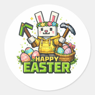 Sticker Rond Joyeux jour de Pâques Lapin Œuf Joueur Vidéo 