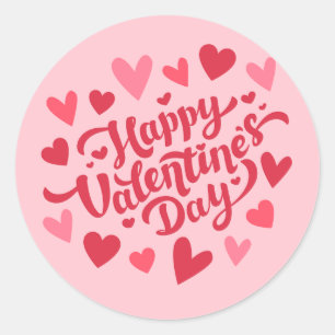 Sticker Rond joyeux jour des valentines, rose et rouge, coeurs 