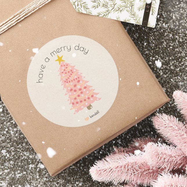 Sticker Rond Joyeux Jour Personnalisé Nom Pink Christmas Tree (Créateur téléchargé)