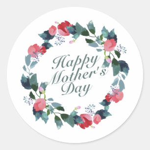 Sticker Rond Joyeux Joyeux Fête des Mères Fleur Wreath   Autoco