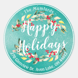 Sticker Rond Joyeux Joyeux Noël Holly Floral Adresse
