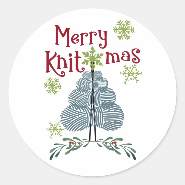 Sticker Rond Joyeux Knitmas Fils de Noël Arbre Tricot Fête (Devant)