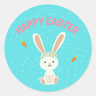 Sticker Rond Joyeux lapin blanc de Pâques sur bleu