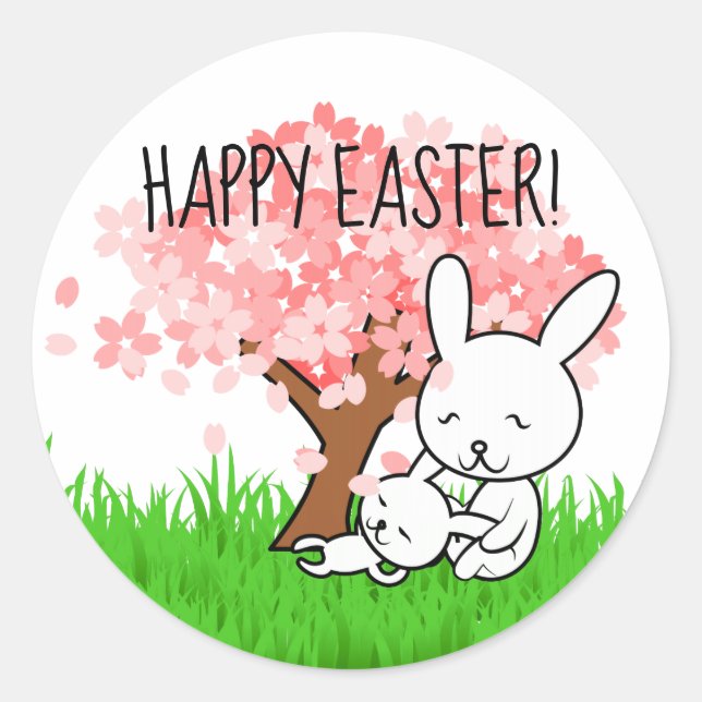 Sticker Rond Joyeux Lapin de Pâques Cerisier Arbre de Fleur (Devant)
