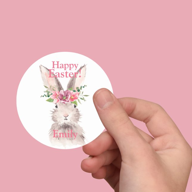 Sticker Rond Joyeux lapin de pâques fleur de lapin rose pastel (Créateur téléchargé)