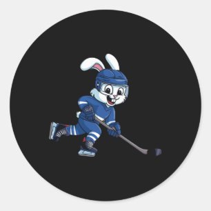 Sticker Rond Joyeux Lapin de Pâques Jouer Hockey sur glace Spor