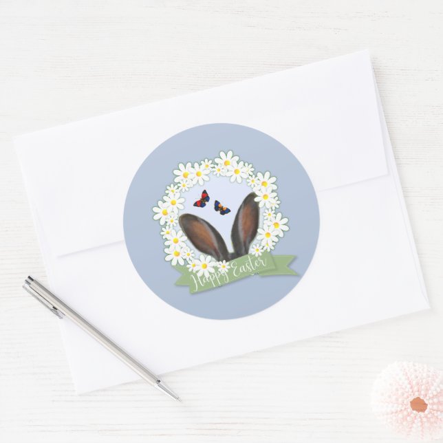 Sticker Rond Joyeux Lapin de Pâques Oreilles Marguerites Wreath (Enveloppe)