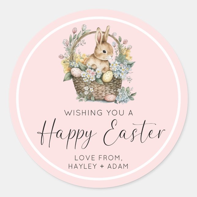 Sticker Rond Joyeux lapin de Pâques rose (Easter Bunny Sticker)