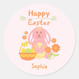 Sticker Rond Joyeux lapin rose de Pâques et fleurs