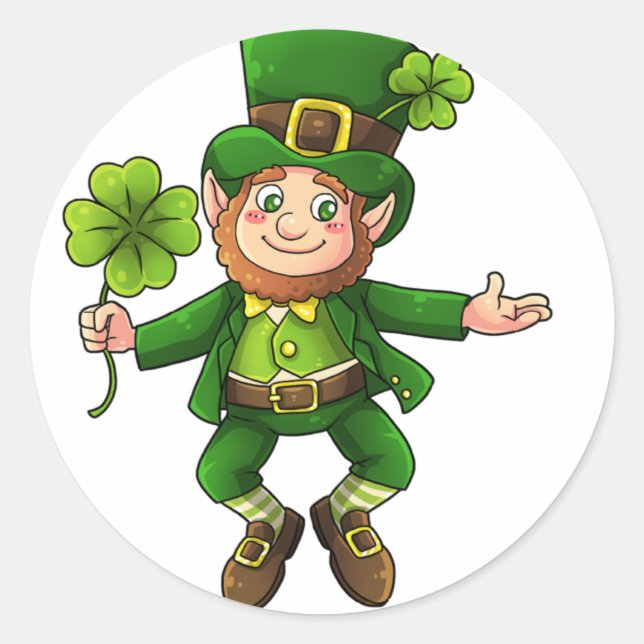 Sticker Rond Joyeux Leprechaun et Shamrock (Devant)