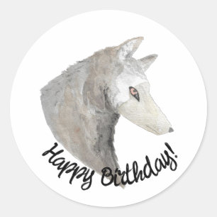 Sticker Rond Joyeux loup d'aquarelle d'anniversaire