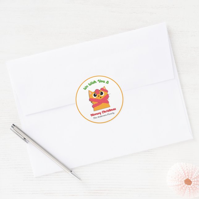 Sticker Rond Joyeux Meowy Noël Animal de compagnie Cat Fête Per (Enveloppe)
