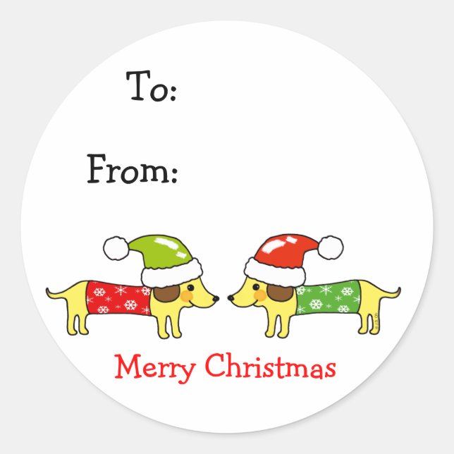 Sticker Rond Joyeux Noël 2 chiens saucisses (Devant)