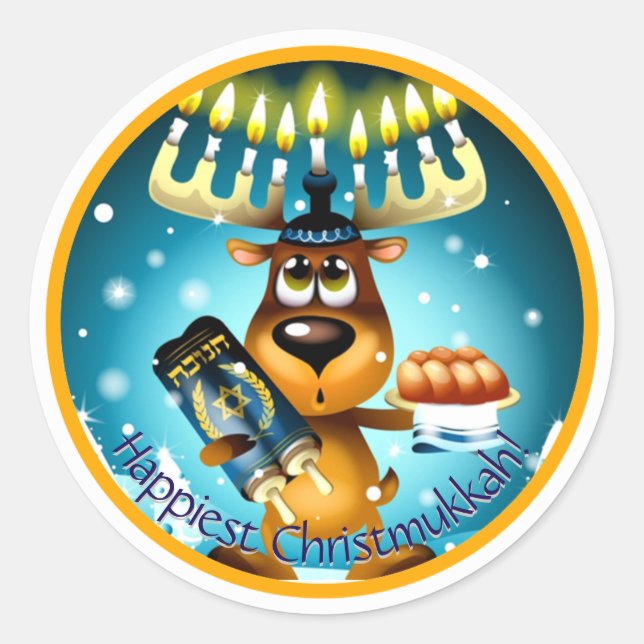 Sticker Rond Joyeux Noël à Hanoukka Reindeer de Noël (Devant)