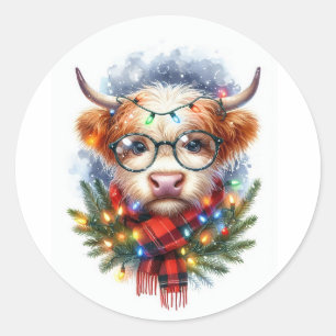 Sticker Rond Joyeux Noël à la vache mignonne