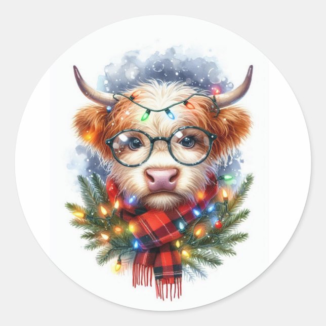 Sticker Rond Joyeux Noël à la vache mignonne (Devant)