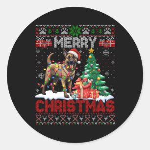 Sticker Rond Joyeux Noël Amoureux des chiens Malinois Belge Ugl