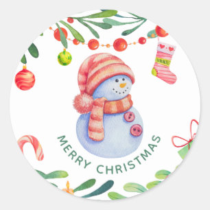 Sticker Rond Joyeux Noël. Aquarelle mignonne vacances neige