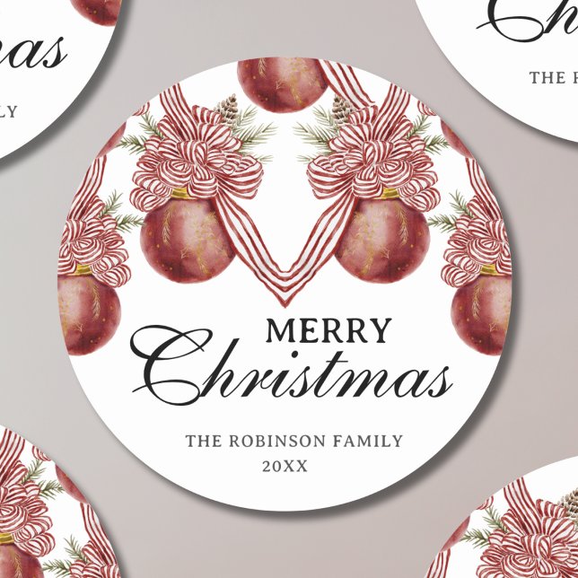 Sticker Rond Joyeux Noël aquarelle Ornement rayé rouge (Créateur téléchargé)