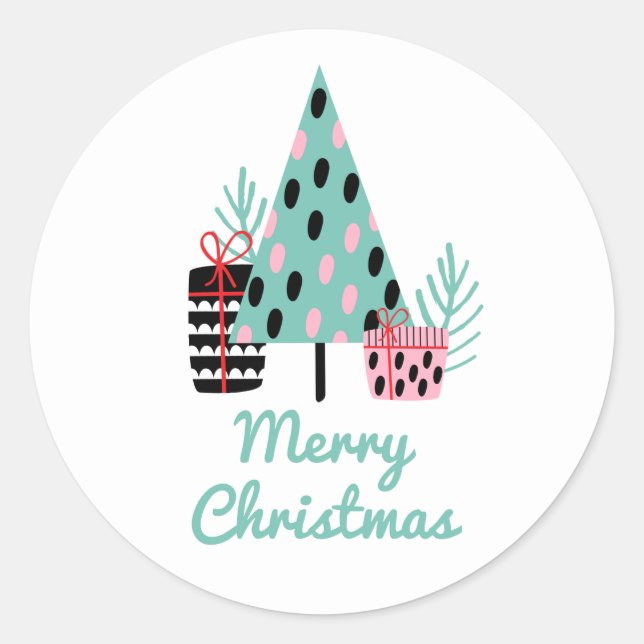 Sticker Rond Joyeux Noël | Arbre de fête moderne et mignon (Devant)