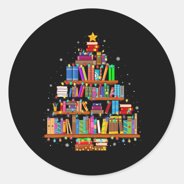 Sticker Rond Joyeux Noël Arbre de lecture Livres Lover Biblioth (Devant)