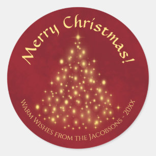 Sticker Rond Joyeux Noël ! Arbre de lumières dorées sur fond ro