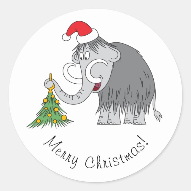 Sticker Rond Joyeux Noël Arbre mignon Mammoth Santa Hat (Devant)