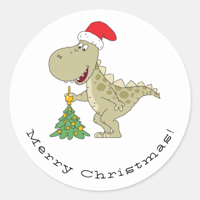 Sticker Rond Joyeux Noël Arbre mignonne Dinosaure Santa Hat (Devant)