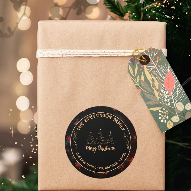 Sticker Rond Joyeux Noël Arbre Noir & Gold Festive (Merry Christmas Tree Black &Gold Festive Classic Round Sticker )