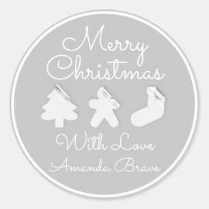 Sticker Rond Joyeux Noël Arbre Nom Gris Blanc Famé