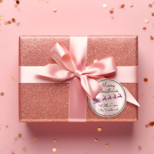 Sticker Rond Joyeux Noël Arbre Nom Rose Père Noël Sleigh Purple