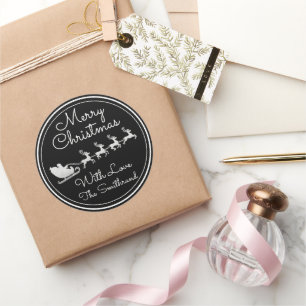 Sticker Rond Joyeux Noël Arbre Nom Silver Père Noël Sleigh Deer